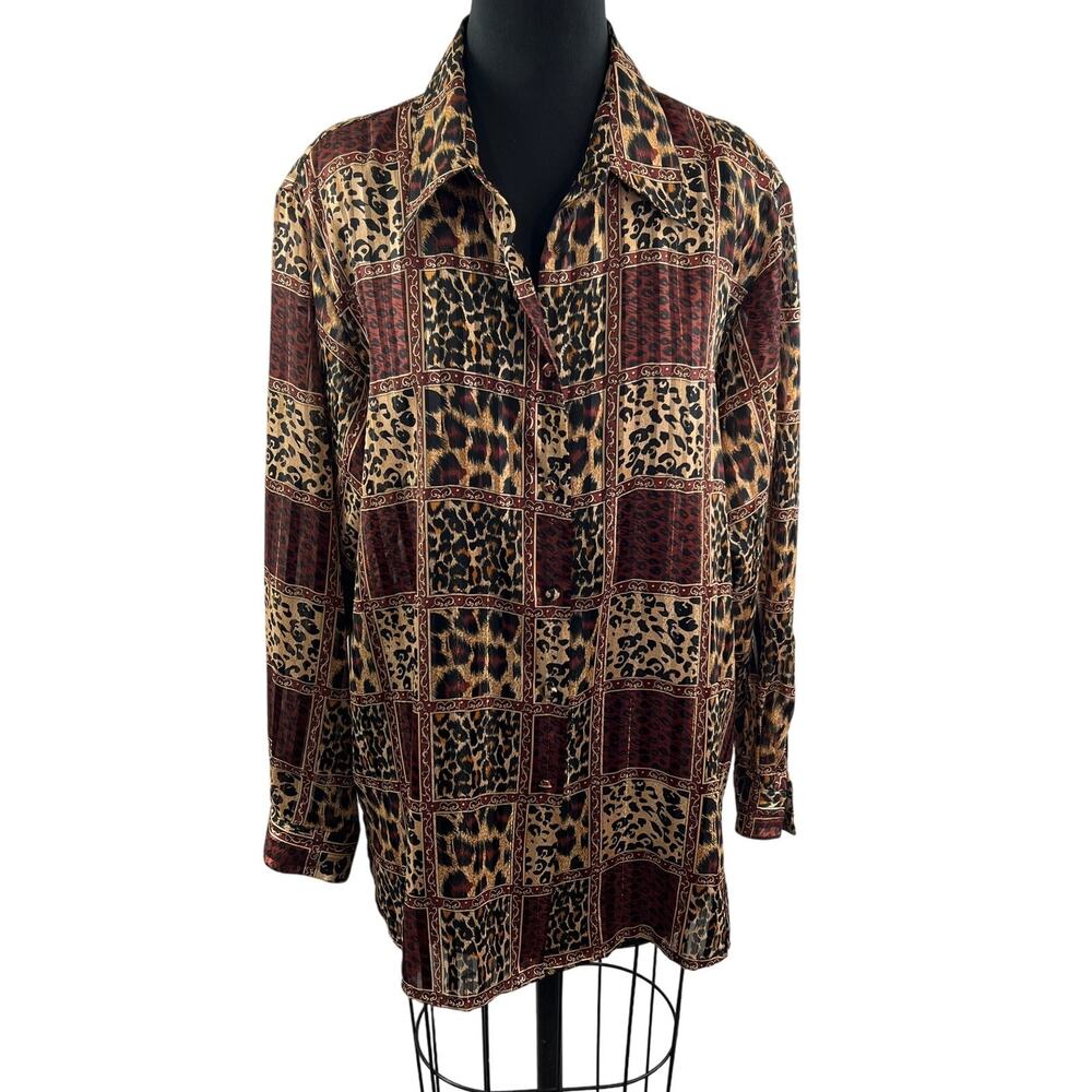 VINTAGE Yves St. Clair Button Down Shirt Top Leopard Print Long Sleeves Size 16